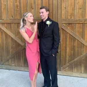 One shoulder linen salmon colored midi length dress